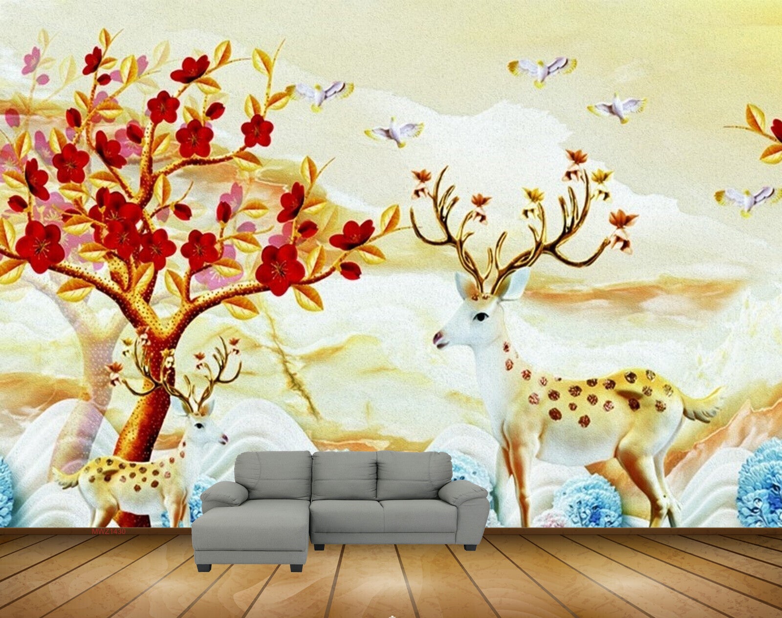 Avikalp MWZ1430 Red Flowers Trees Deers Birds 3D HD Wallpaper