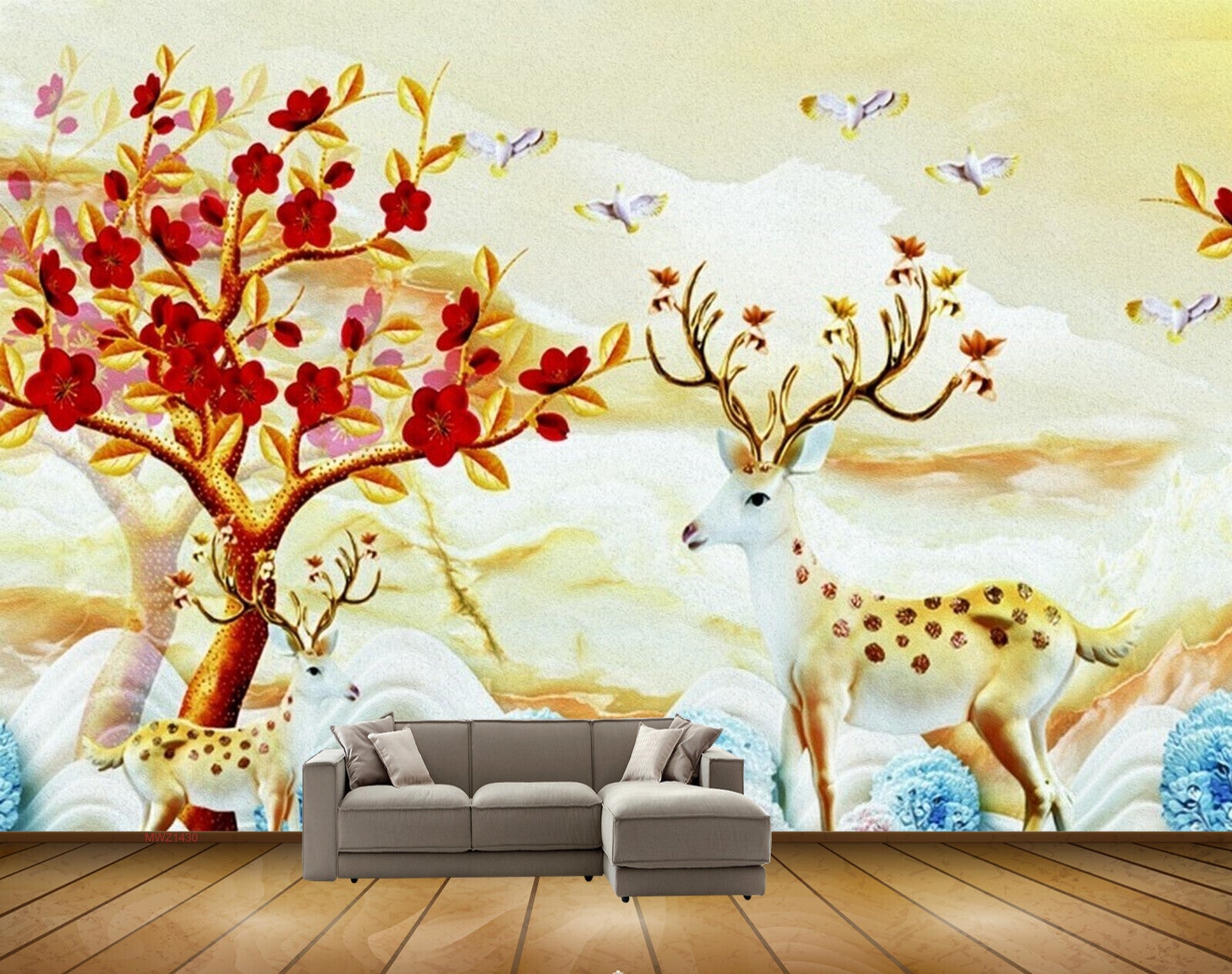 Avikalp MWZ1430 Red Flowers Trees Deers Birds 3D HD Wallpaper