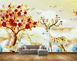Avikalp MWZ1430 Red Flowers Trees Deers Birds 3D HD Wallpaper
