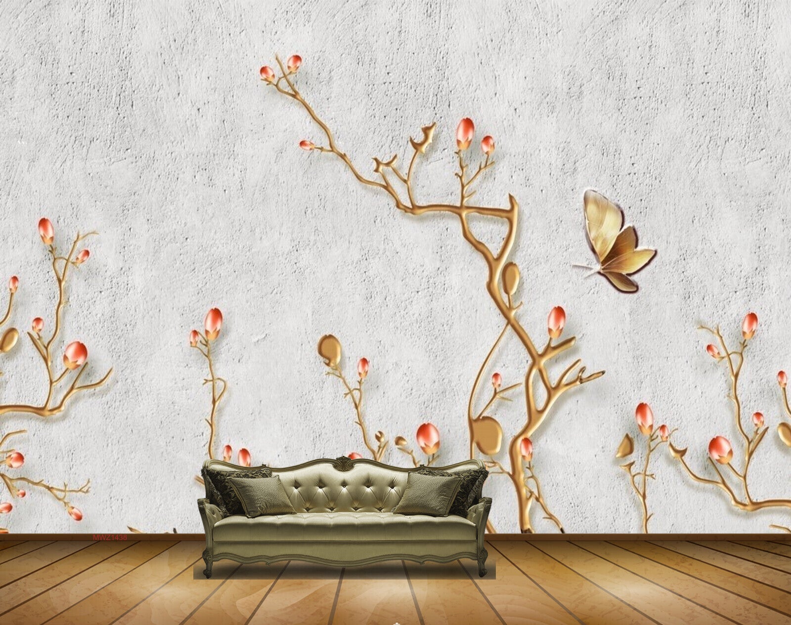 Avikalp MWZ1438 Red Flowers Trees Butterflies 3D HD Wallpaper