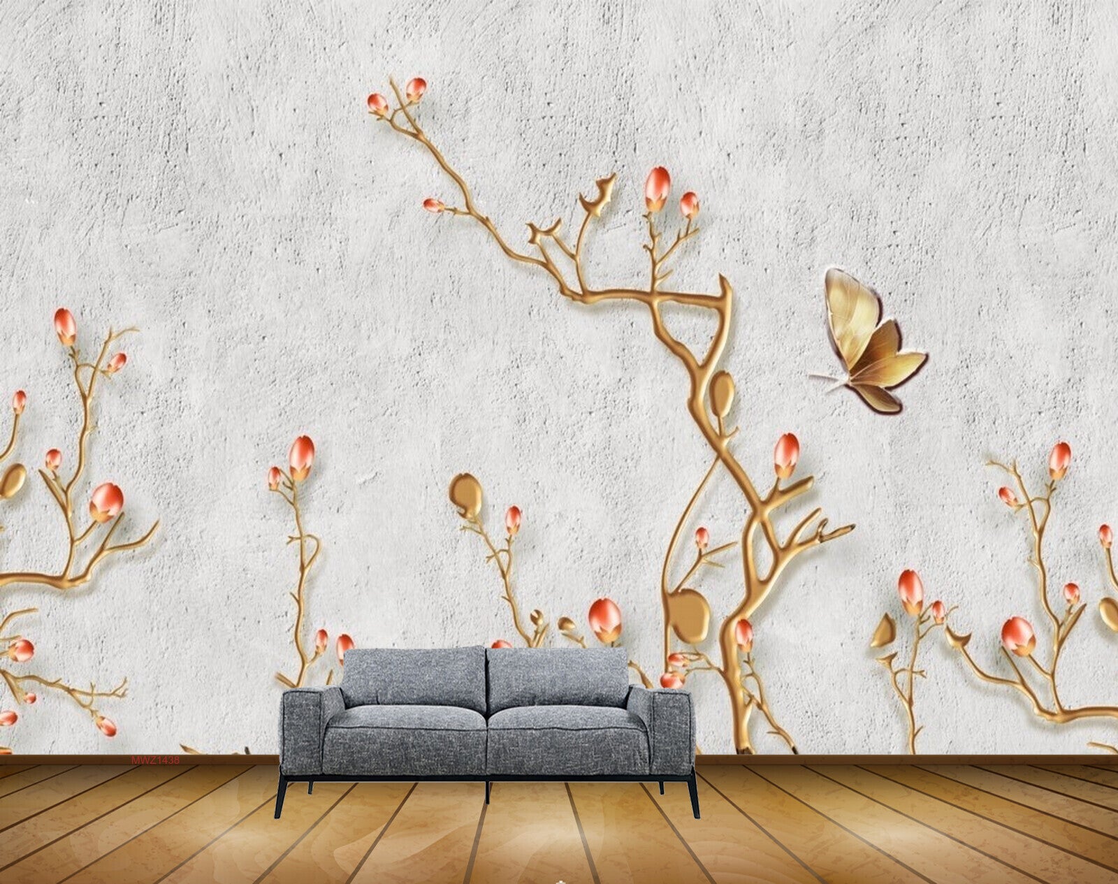 Avikalp MWZ1438 Red Flowers Trees Butterflies 3D HD Wallpaper