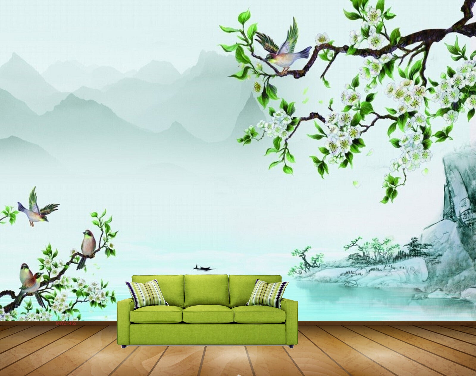Avikalp MWZ1452 White Flowers Tree Birds 3D HD Wallpaper
