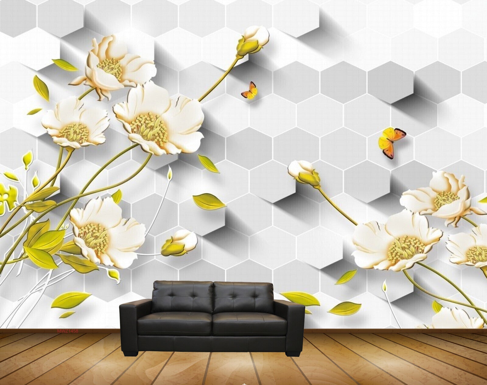 Avikalp MWZ1458 White Green Flowers Butterflies 3D HD Wallpaper