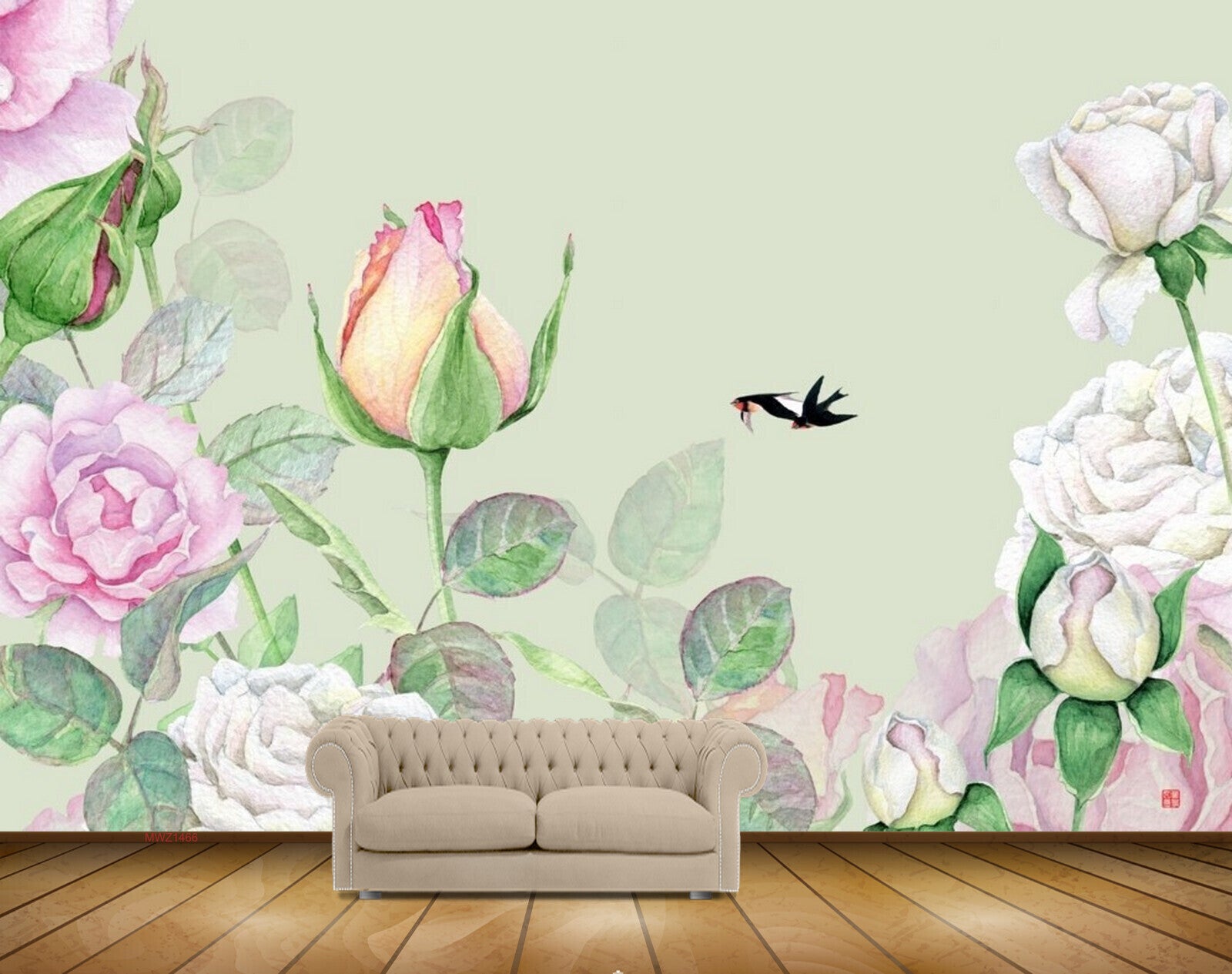 Avikalp MWZ1466 White Pink Flowers Birds HD Wallpaper