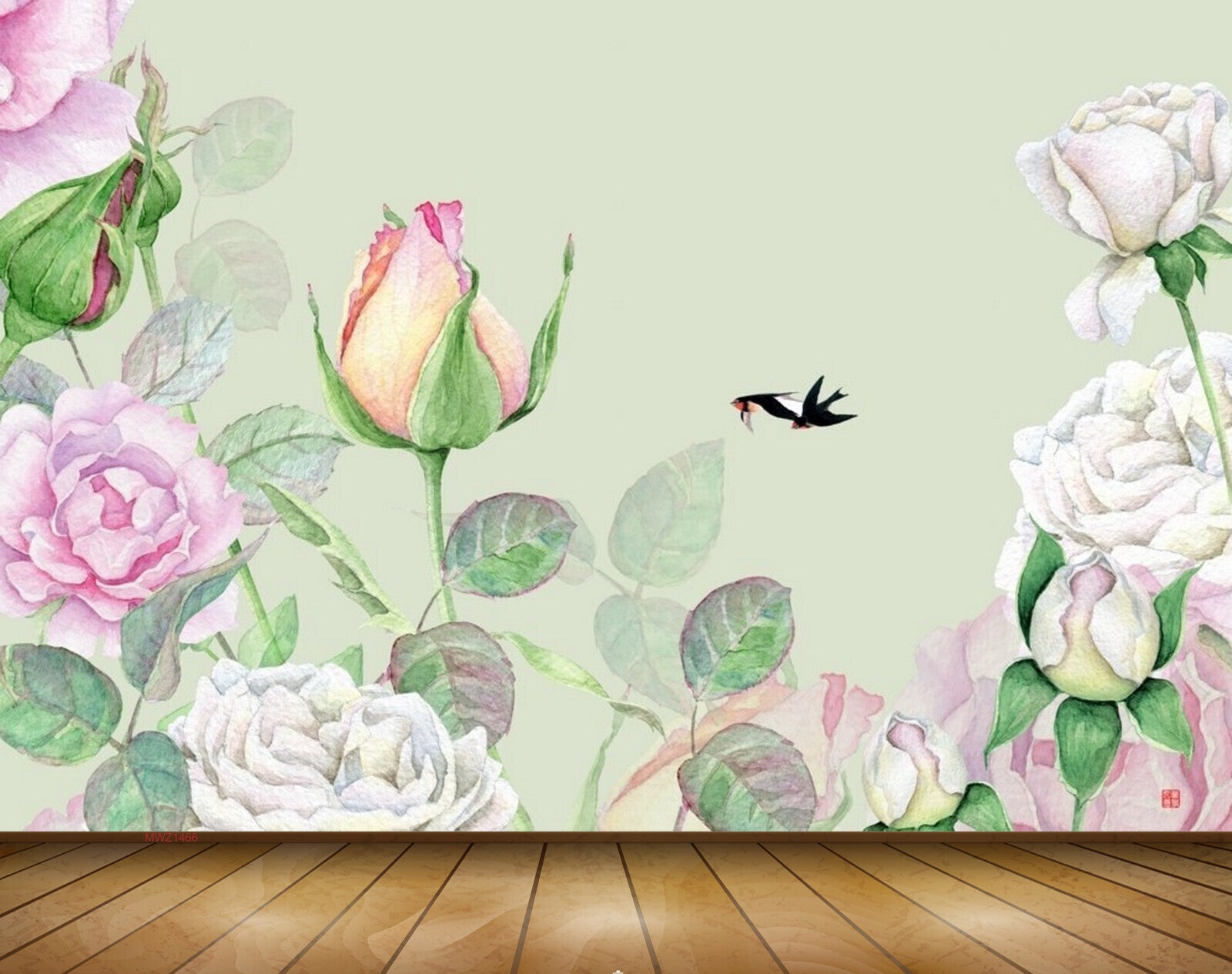 Avikalp MWZ1466 White Pink Flowers Birds 3D HD Wallpaper