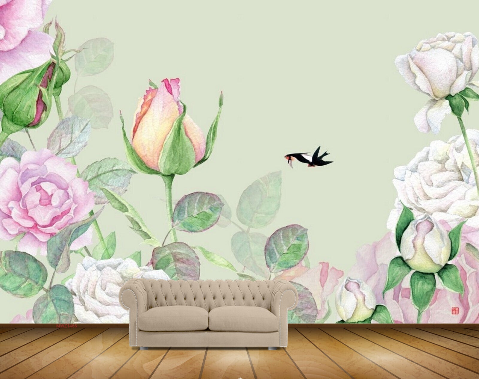 Avikalp MWZ1466 White Pink Flowers Birds 3D HD Wallpaper