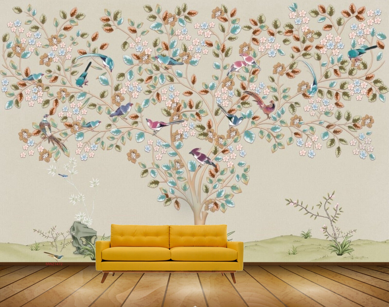 Avikalp MWZ1472 Blue White Flowers Tree Leaves Birds 3D HD Wallpaper
