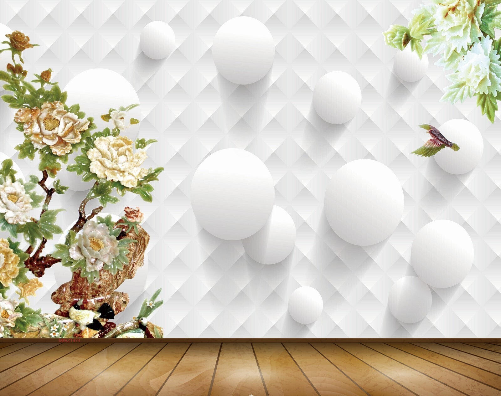 Avikalp MWZ1474 White Orange Flowers Birds 3D HD Wallpaper