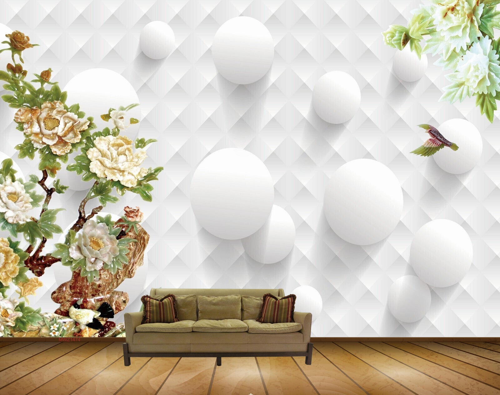 Avikalp MWZ1474 White Orange Flowers Birds 3D HD Wallpaper