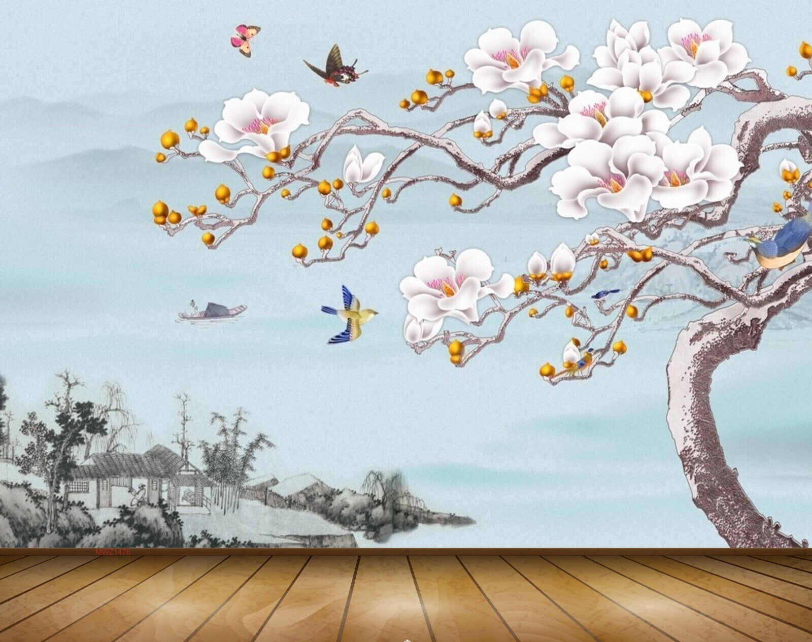 Avikalp MWZ1476 Pink Flowers Tree Birds Plants 3D HD Wallpaper