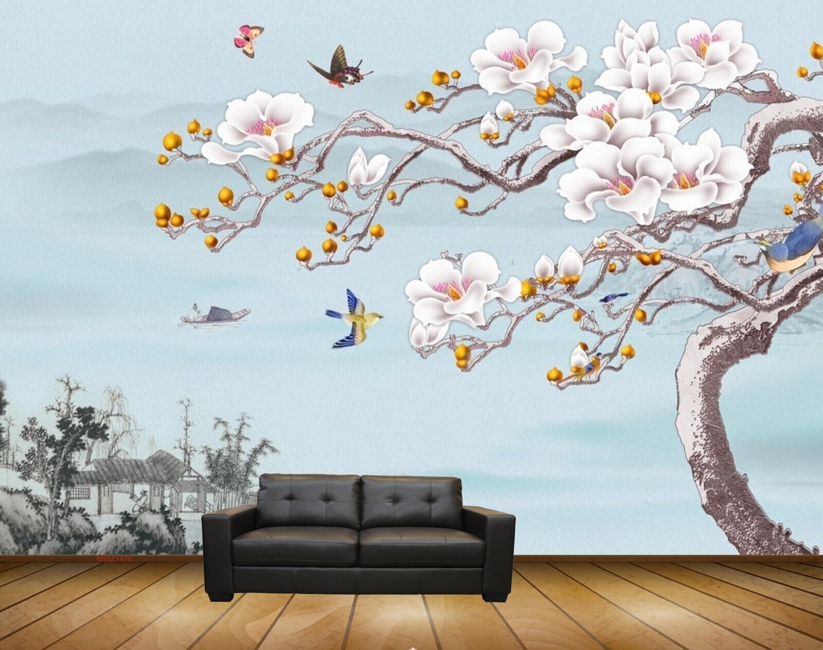Avikalp MWZ1476 Pink Flowers Tree Birds Plants 3D HD Wallpaper