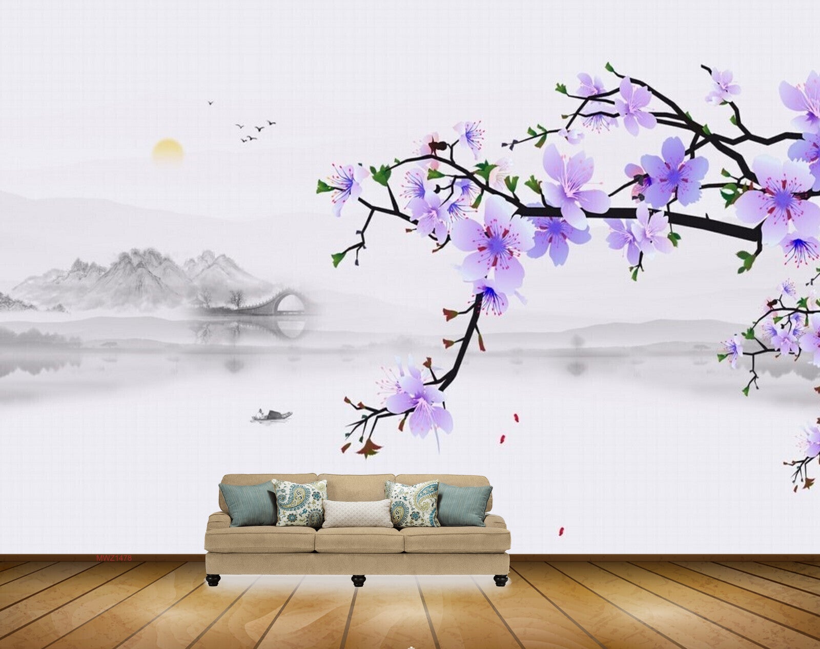 Avikalp MWZ1478 Purple Flowers Birds Butterflies 3D HD Wallpaper