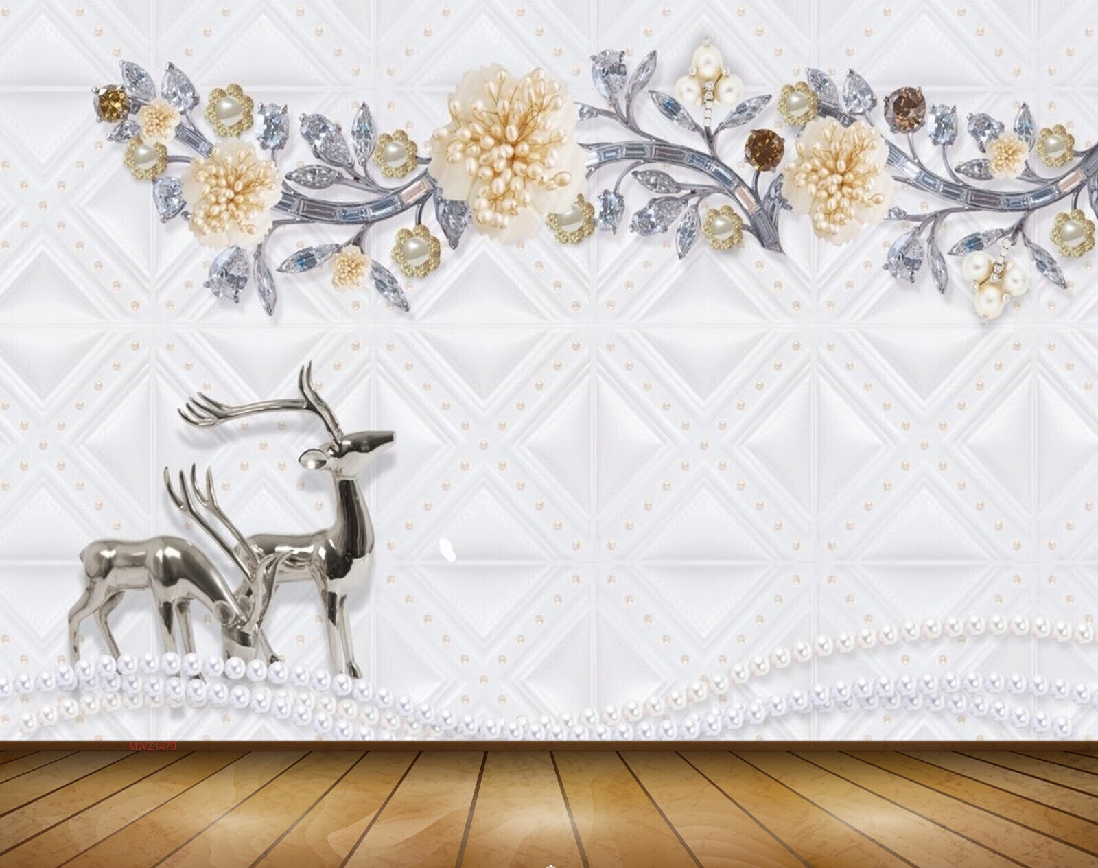 Avikalp MWZ1479 Yellow Silvered Flowers Deers 3D HD Wallpaper