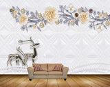 Avikalp MWZ1479 Yellow Silvered Flowers Deers 3D HD Wallpaper