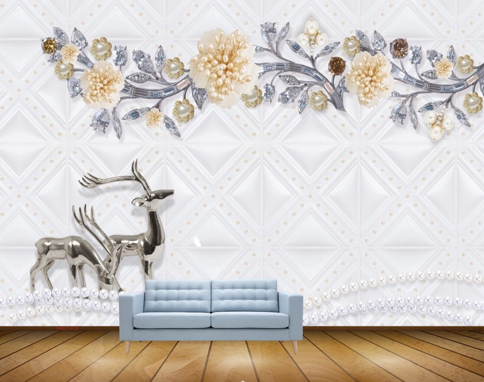 Avikalp MWZ1479 Yellow Silvered Flowers Deers 3D HD Wallpaper