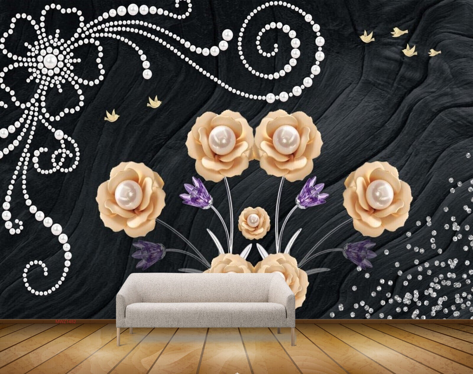 Avikalp MWZ1482 Orange Purple Flowers Birds 3D HD Wallpaper