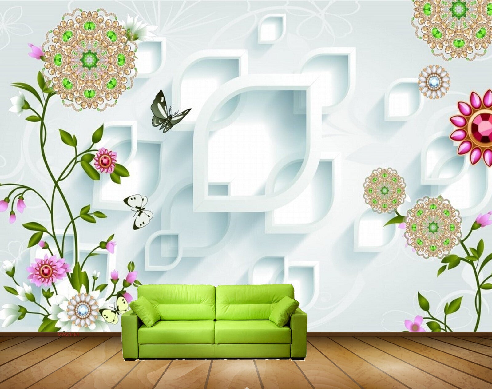 Avikalp MWZ1484 Pink White Green Flowers Butterflies HD Wallpaper