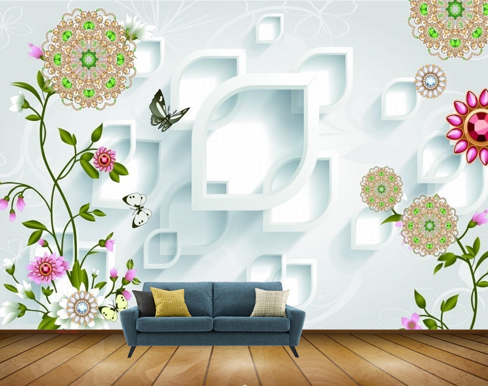 Avikalp MWZ1484 Pink White Green Flowers Butterflies 3D HD Wallpaper