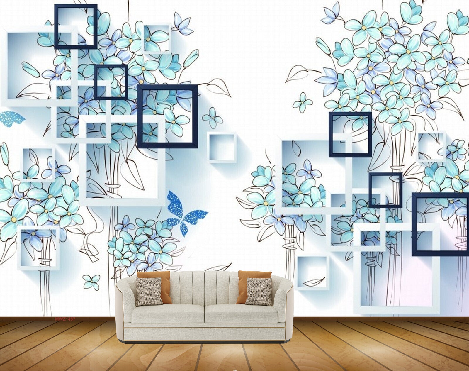Avikalp MWZ1487 Blue Green Flowers Butterflies HD Wallpaper