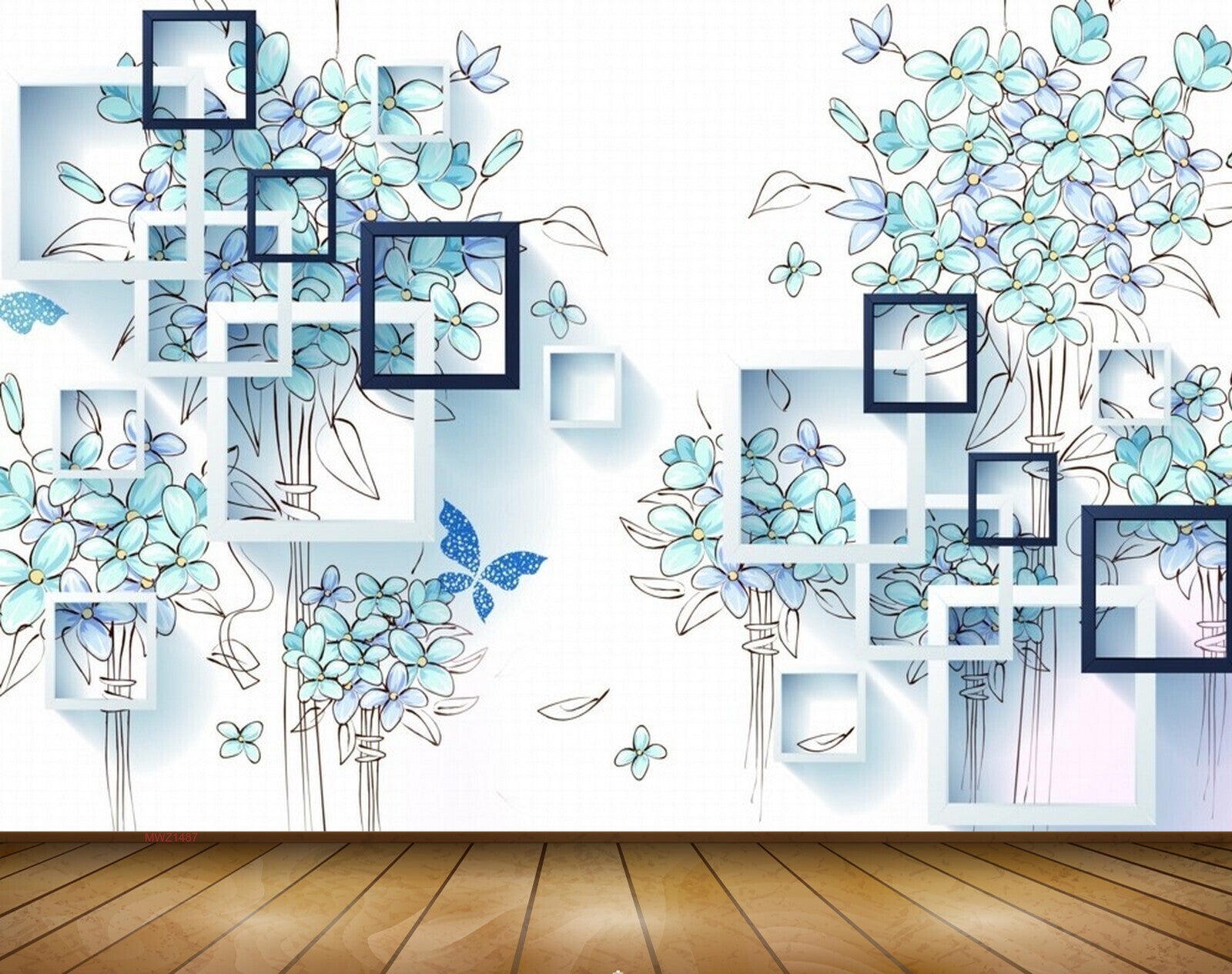 Avikalp MWZ1487 Blue Green Flowers Butterflies 3D HD Wallpaper