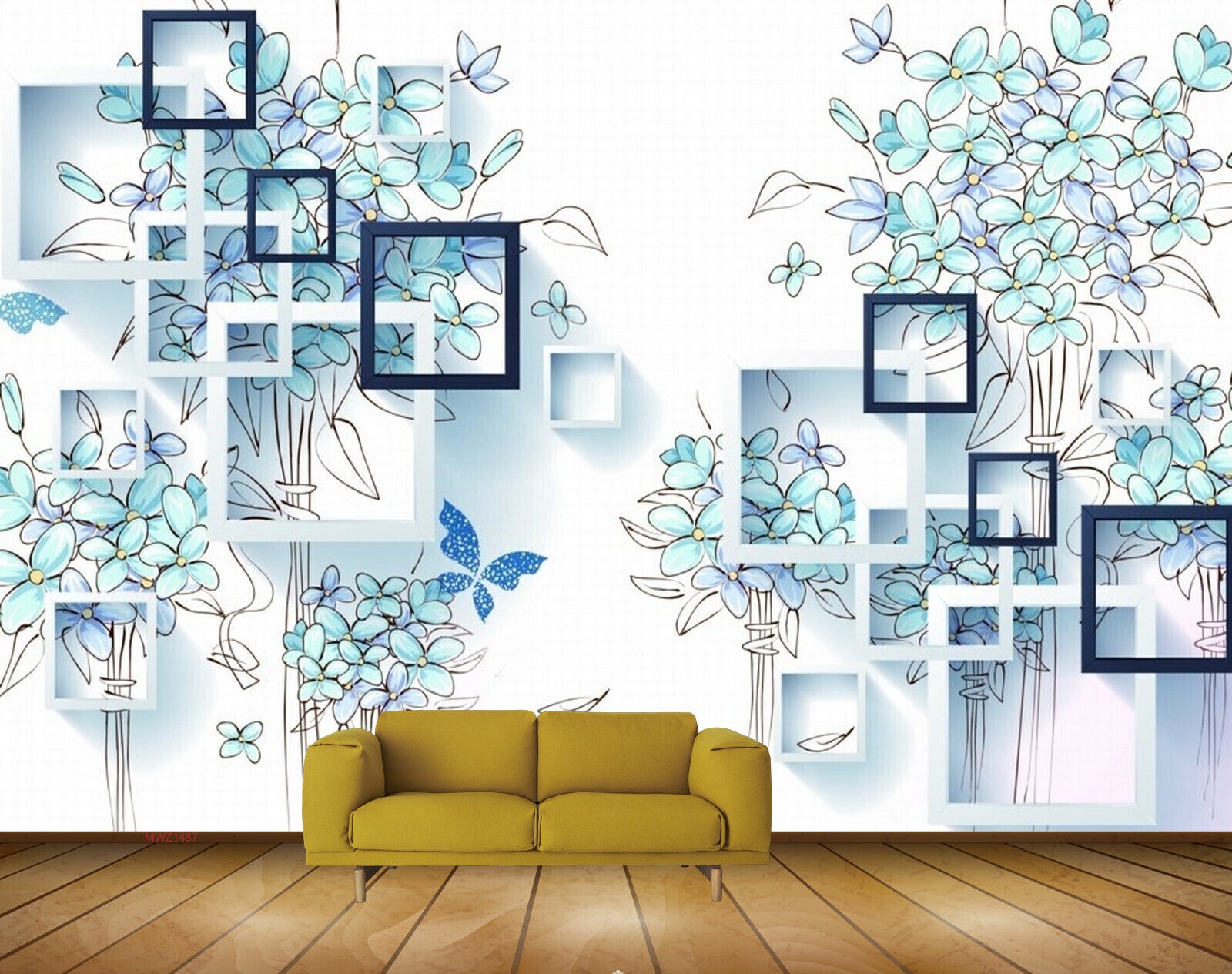 Avikalp MWZ1487 Blue Green Flowers Butterflies 3D HD Wallpaper