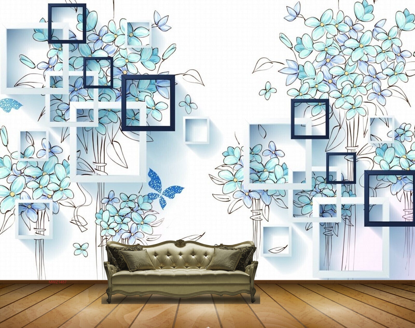 Avikalp MWZ1487 Blue Green Flowers Butterflies 3D HD Wallpaper