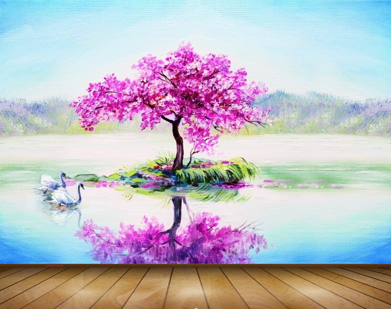 Avikalp MWZ1489 Pink Flowers Swans River 3D HD Wallpaper