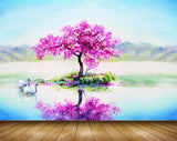 Avikalp MWZ1489 Pink Flowers Swans River 3D HD Wallpaper