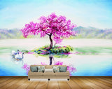 Avikalp MWZ1489 Pink Flowers Swans River 3D HD Wallpaper