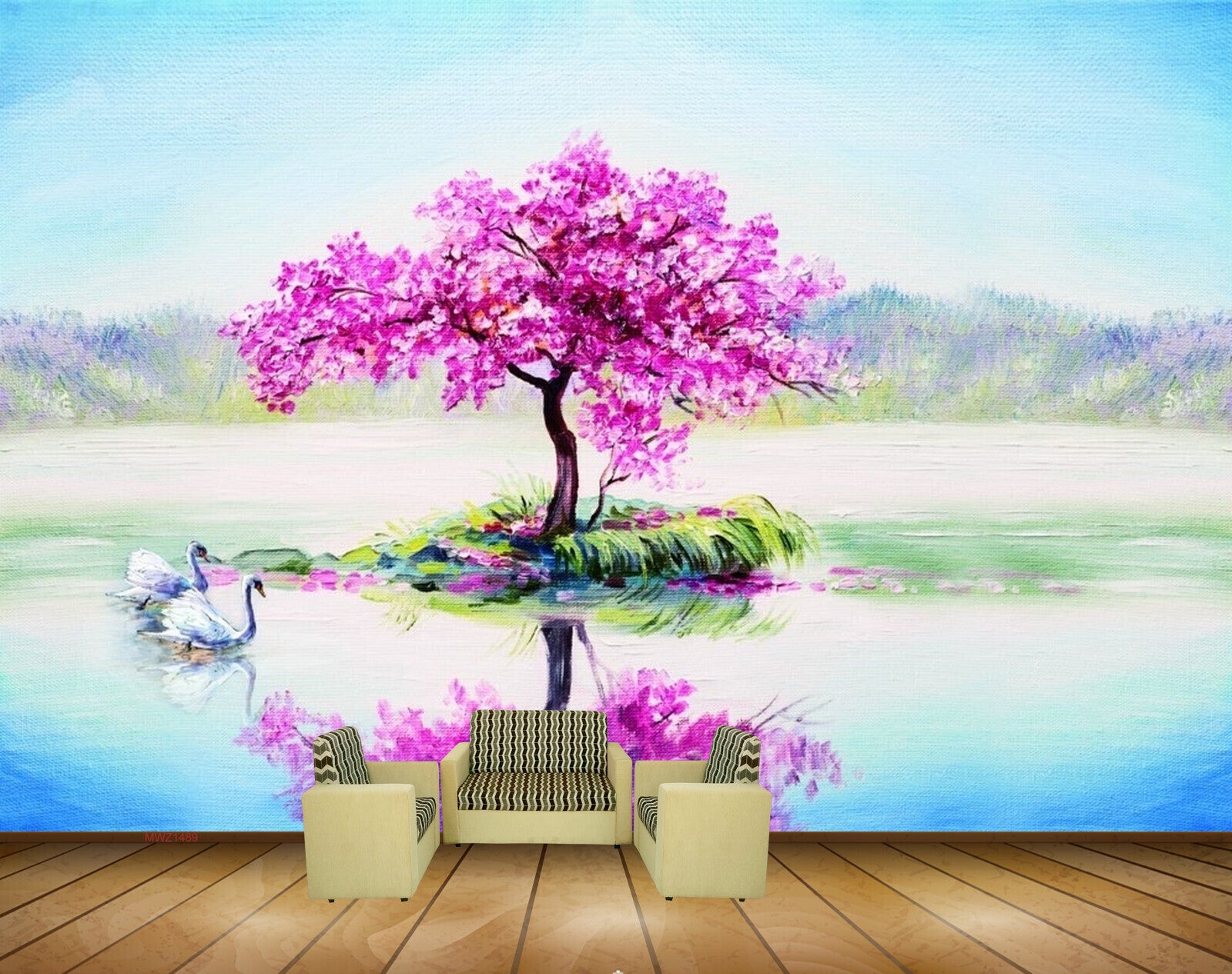 Avikalp MWZ1489 Pink Flowers Swans River 3D HD Wallpaper
