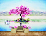 Avikalp MWZ1489 Pink Flowers Swans River 3D HD Wallpaper