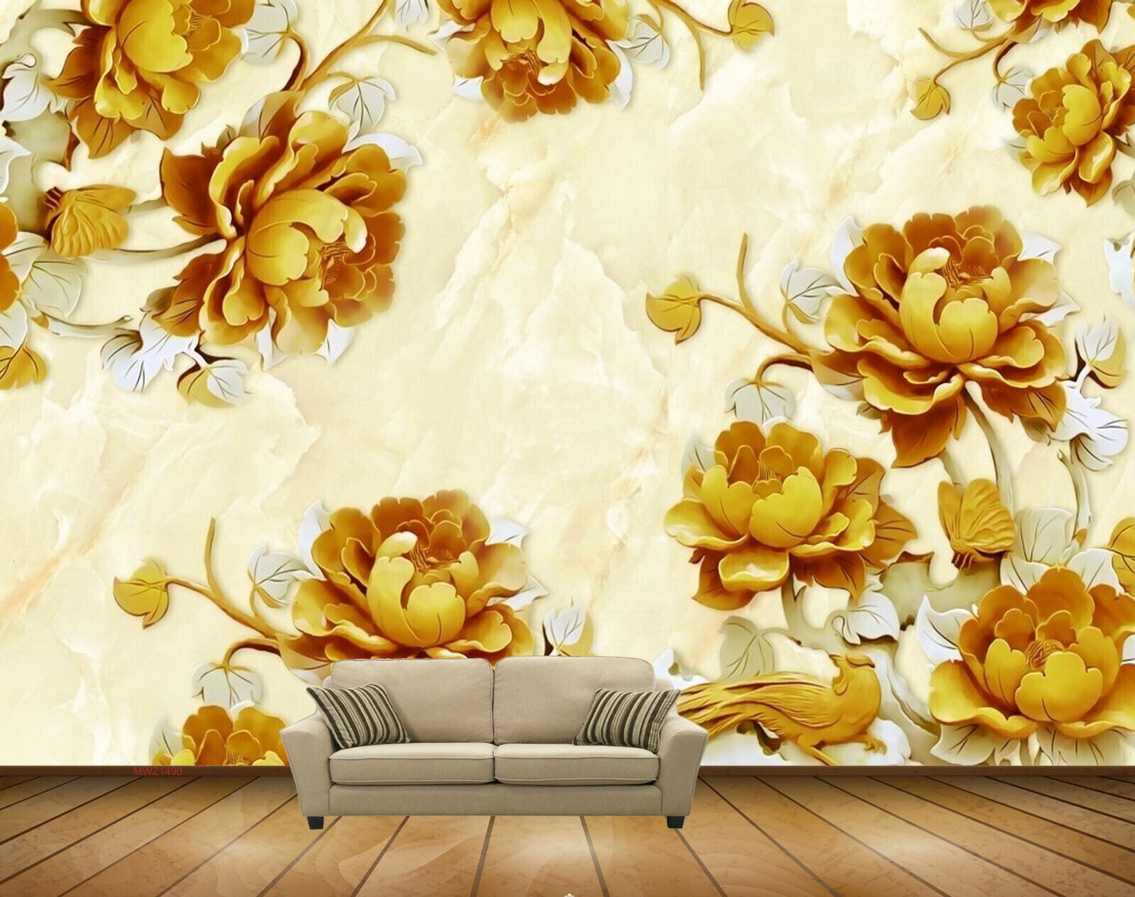 Avikalp MWZ1490 Golden Flowers Leaves HD Wallpaper