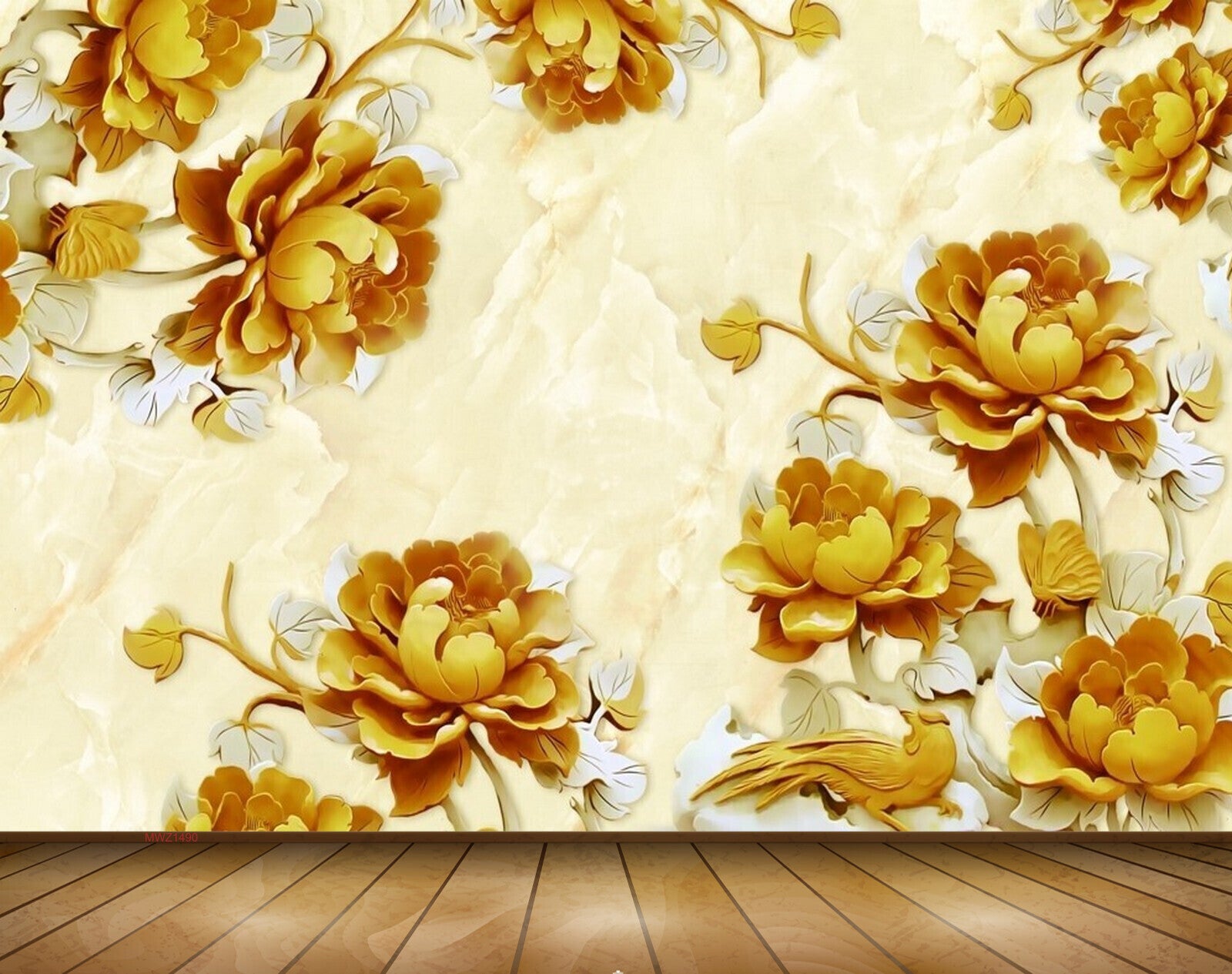 Avikalp MWZ1490 Golden Flowers Leaves 3D HD Wallpaper