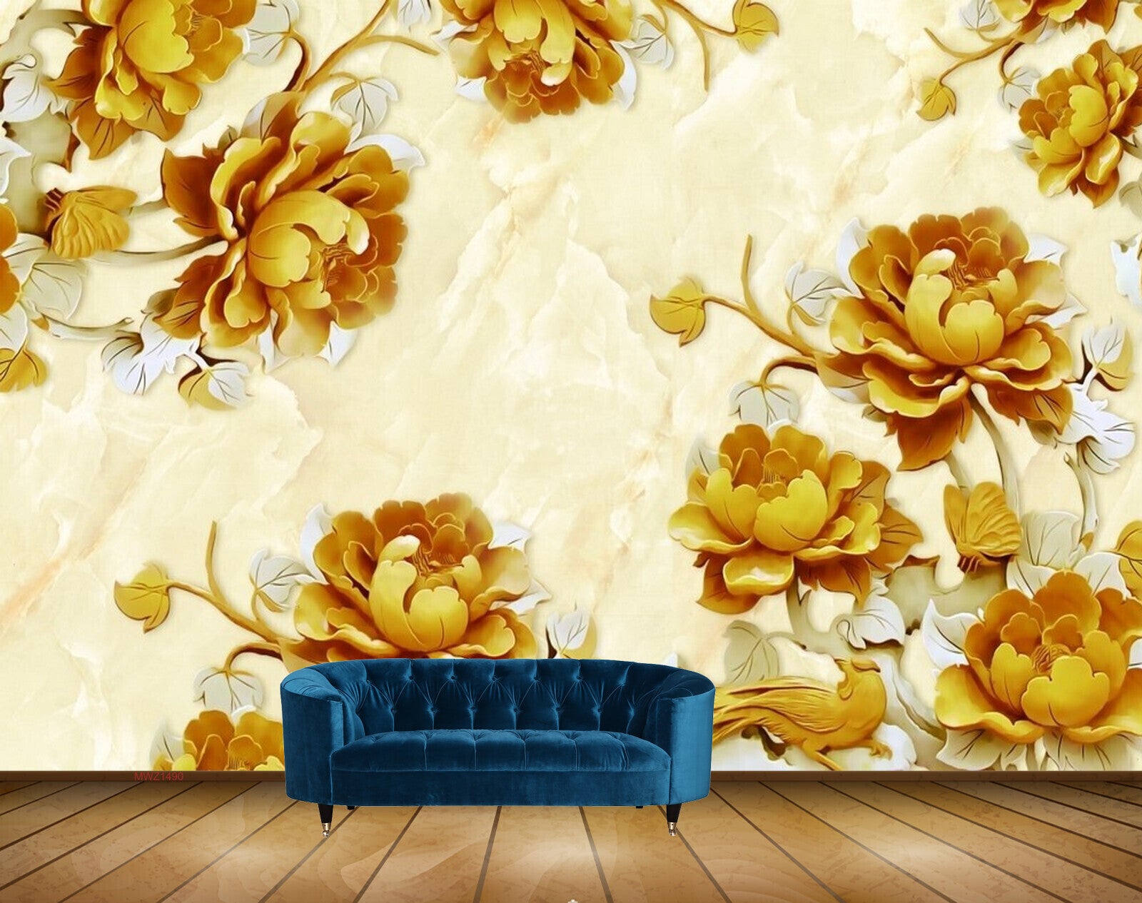 Avikalp MWZ1490 Golden Flowers Leaves 3D HD Wallpaper