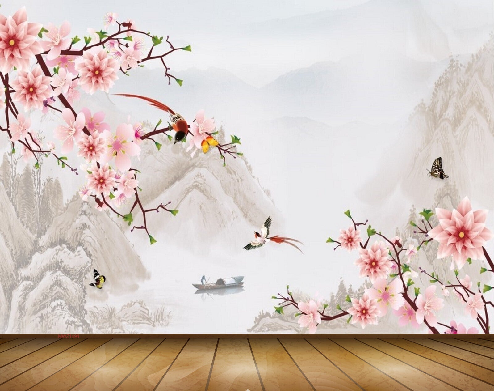 Avikalp MWZ1494 Pink White Flowers Birds Butterflies 3D HD Wallpaper
