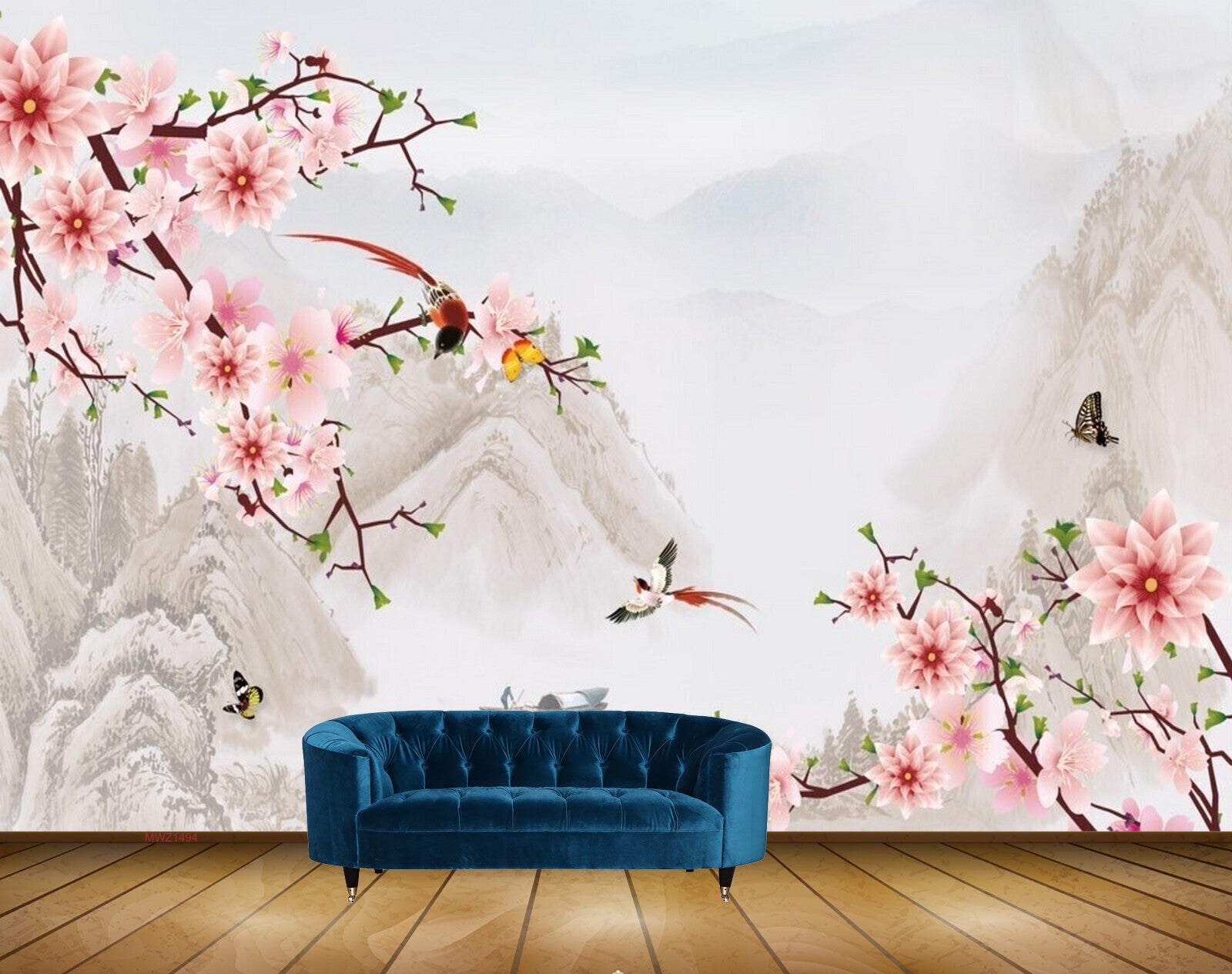 Avikalp MWZ1494 Pink White Flowers Birds Butterflies 3D HD Wallpaper