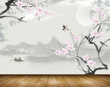 Avikalp MWZ1496 Pink White Flowers Boats Birds 3D HD Wallpaper