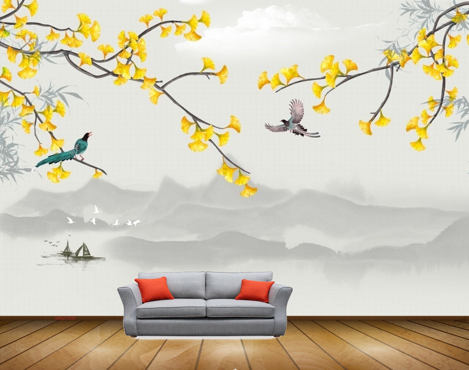Avikalp MWZ1498 Yellow Flowers Branches Birds Boat 3D HD Wallpaper