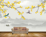 Avikalp MWZ1498 Yellow Flowers Branches Birds Boat 3D HD Wallpaper