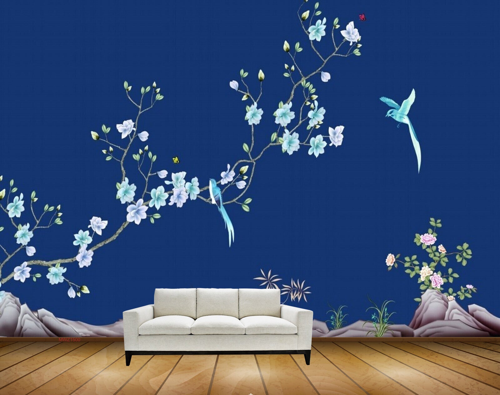 Avikalp MWZ1500 White Blue Flowers Birds Plants HD Wallpaper