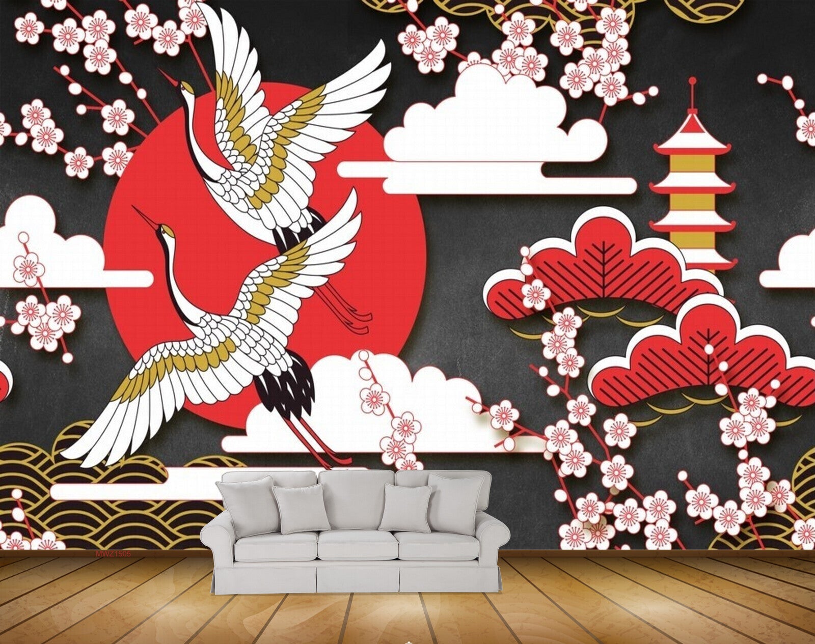Avikalp MWZ1505 Cranes Pink White Flowers 3D HD Wallpaper