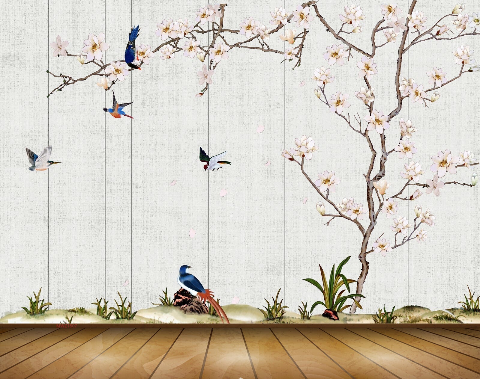 Avikalp MWZ1507 Pink White Flowers Birds Tree 3D HD Wallpaper