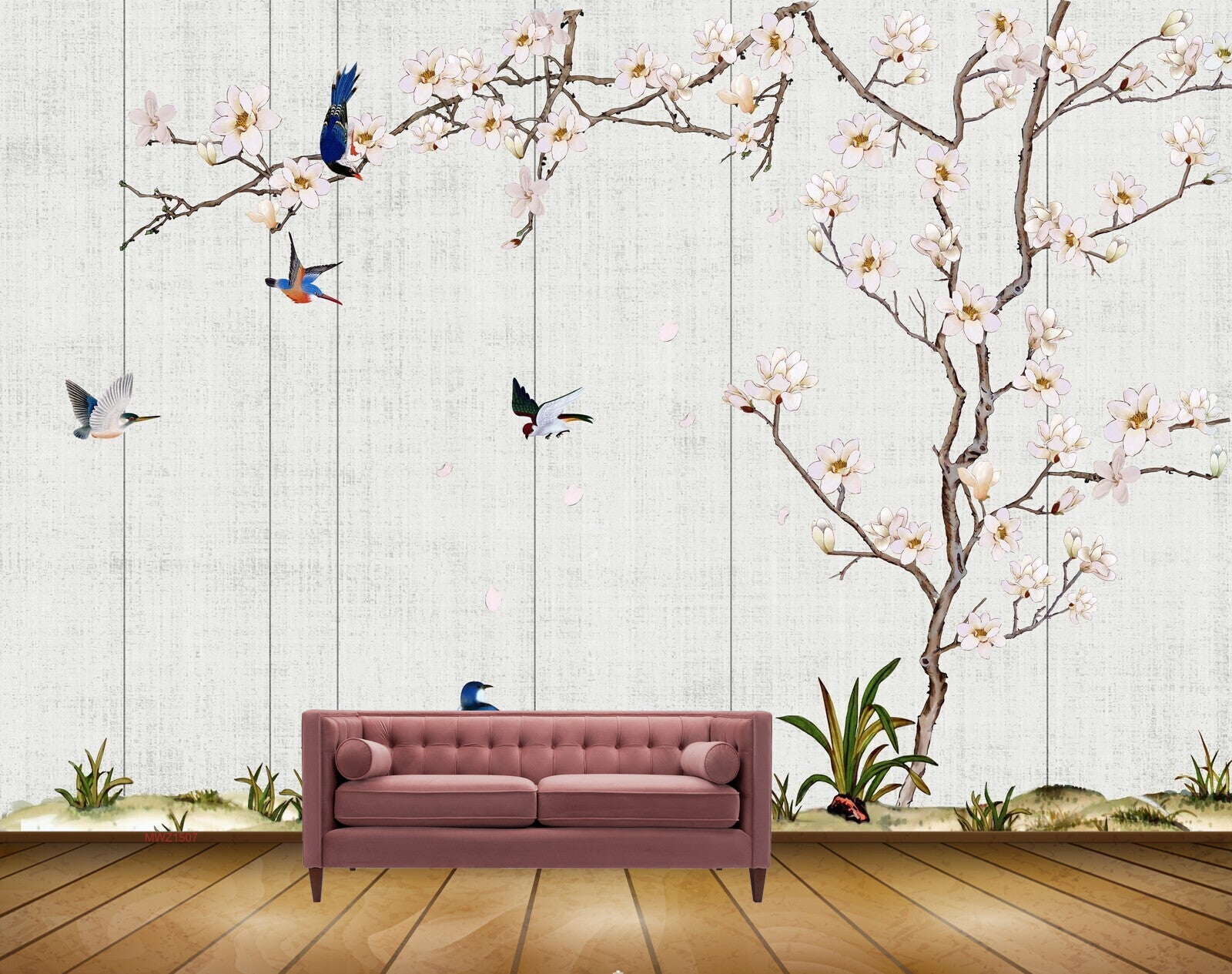 Avikalp MWZ1507 Pink White Flowers Birds Tree 3D HD Wallpaper