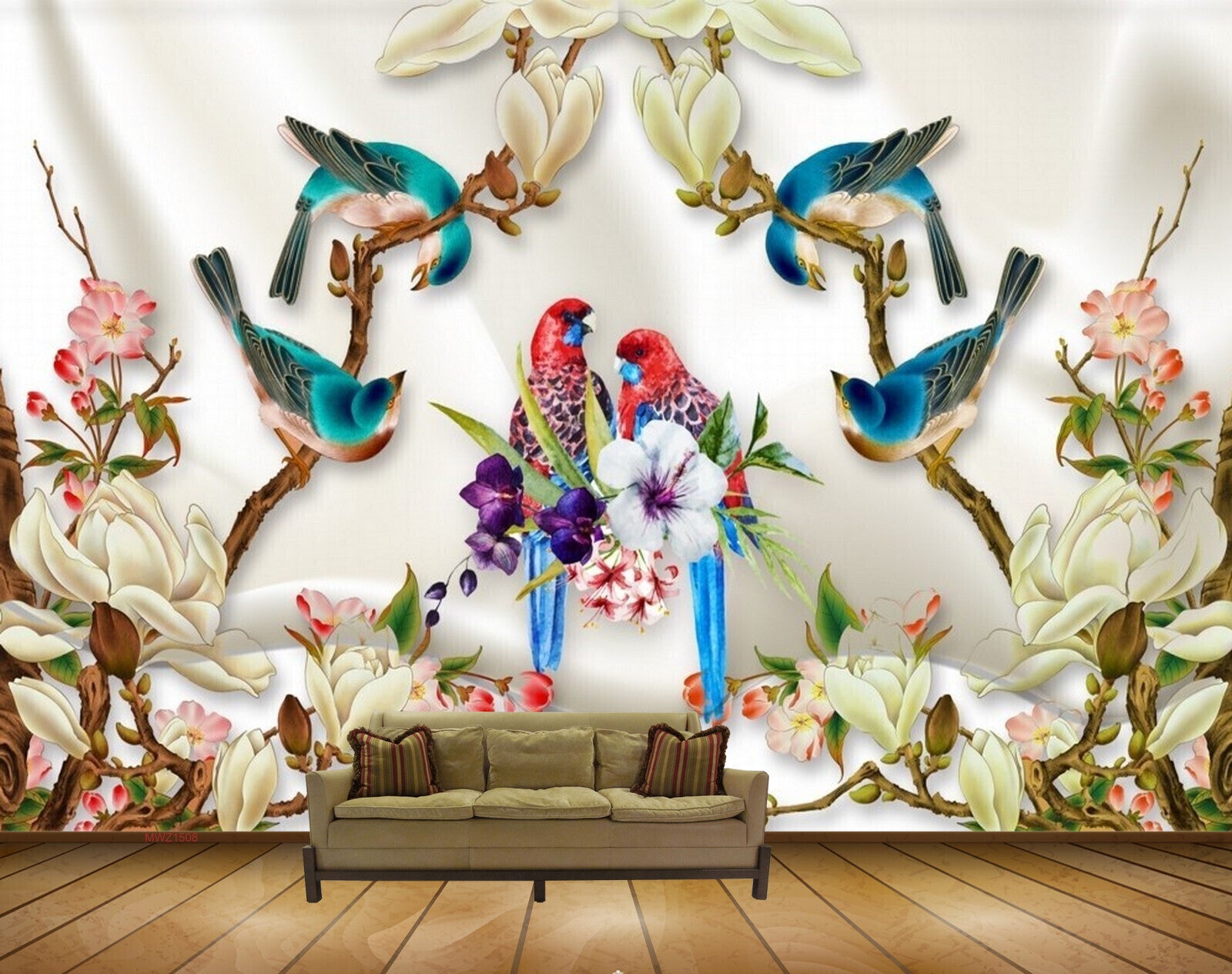 Avikalp MWZ1508 White Green Flowers Birds 3D HD Wallpaper  Avikalp  International  3D Wallpapers