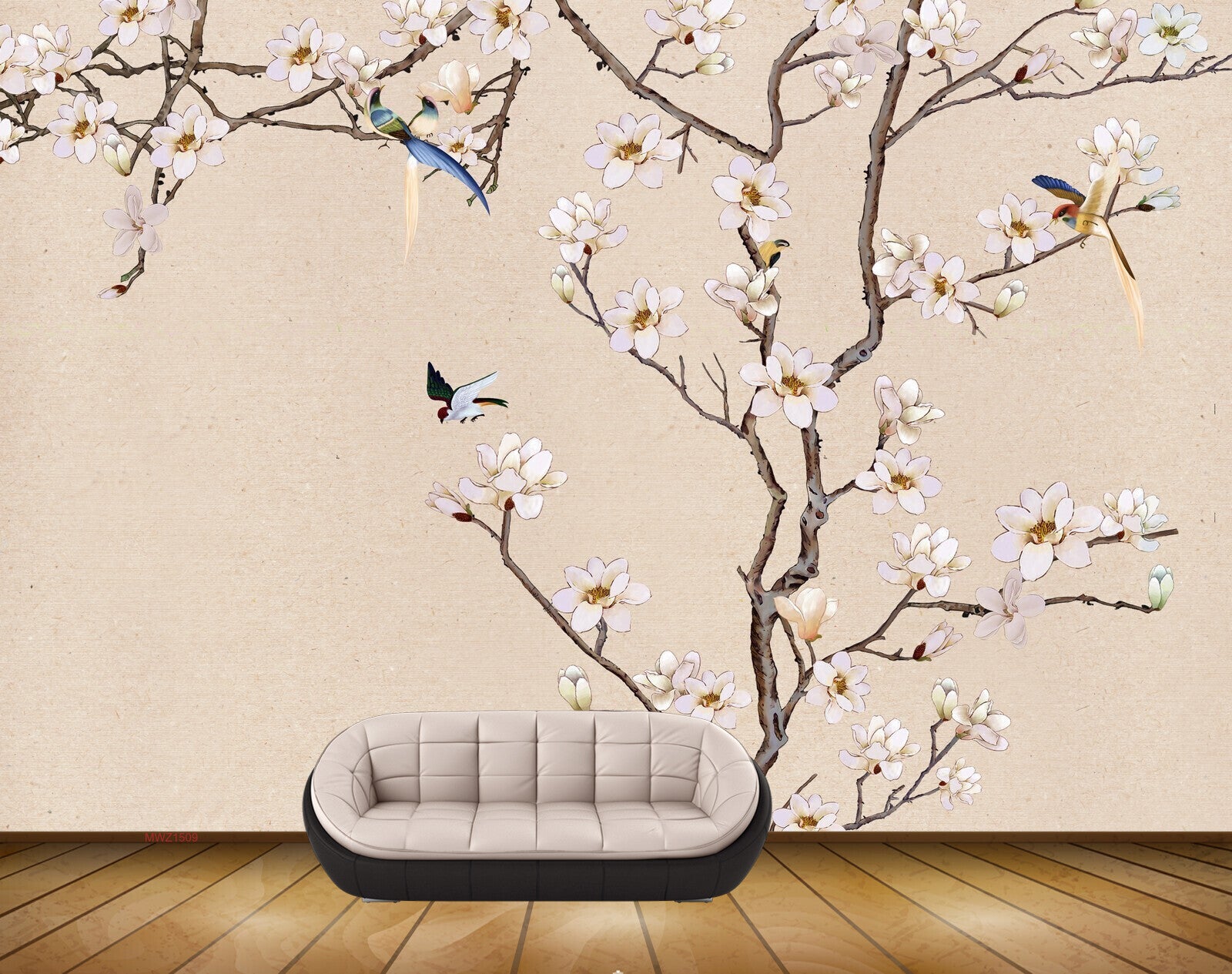 Avikalp MWZ1509 White Pink Flowers Tree Birds HD Wallpaper