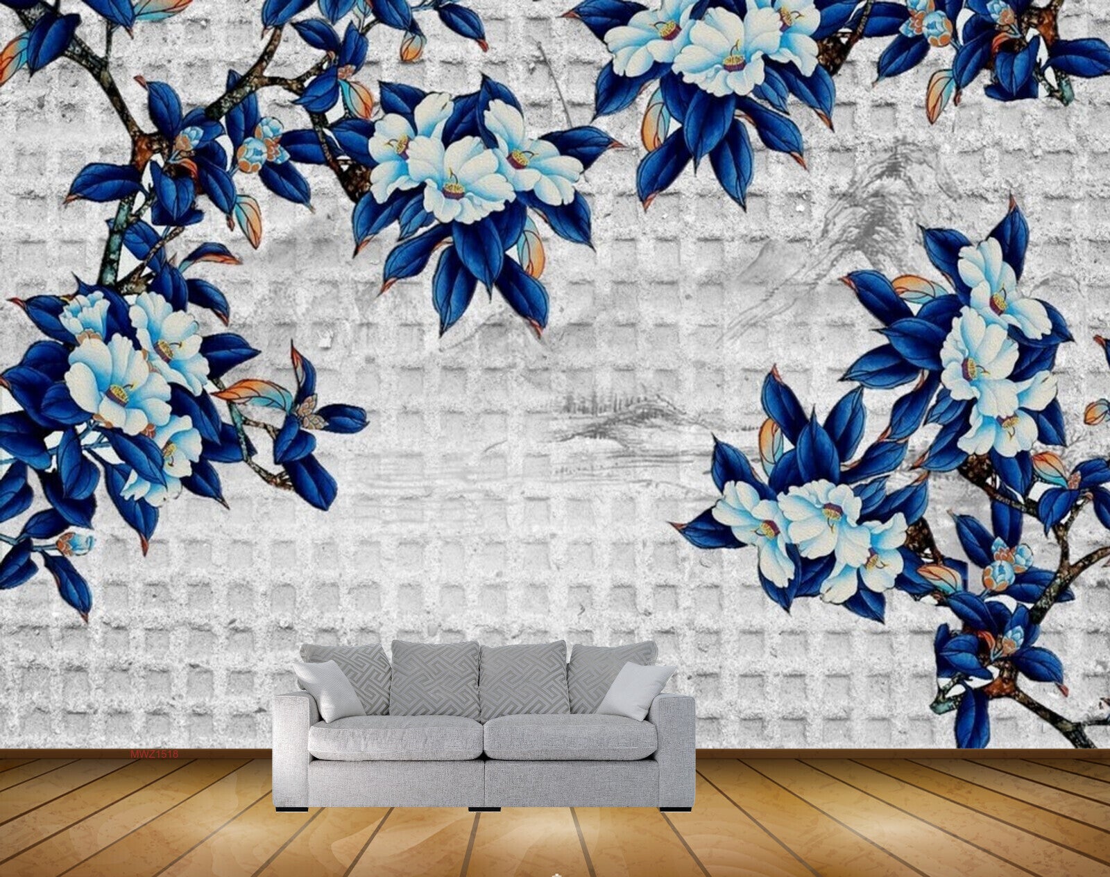 Avikalp MWZ1518 White Blue Flowers Leaves Branches HD Wallpaper