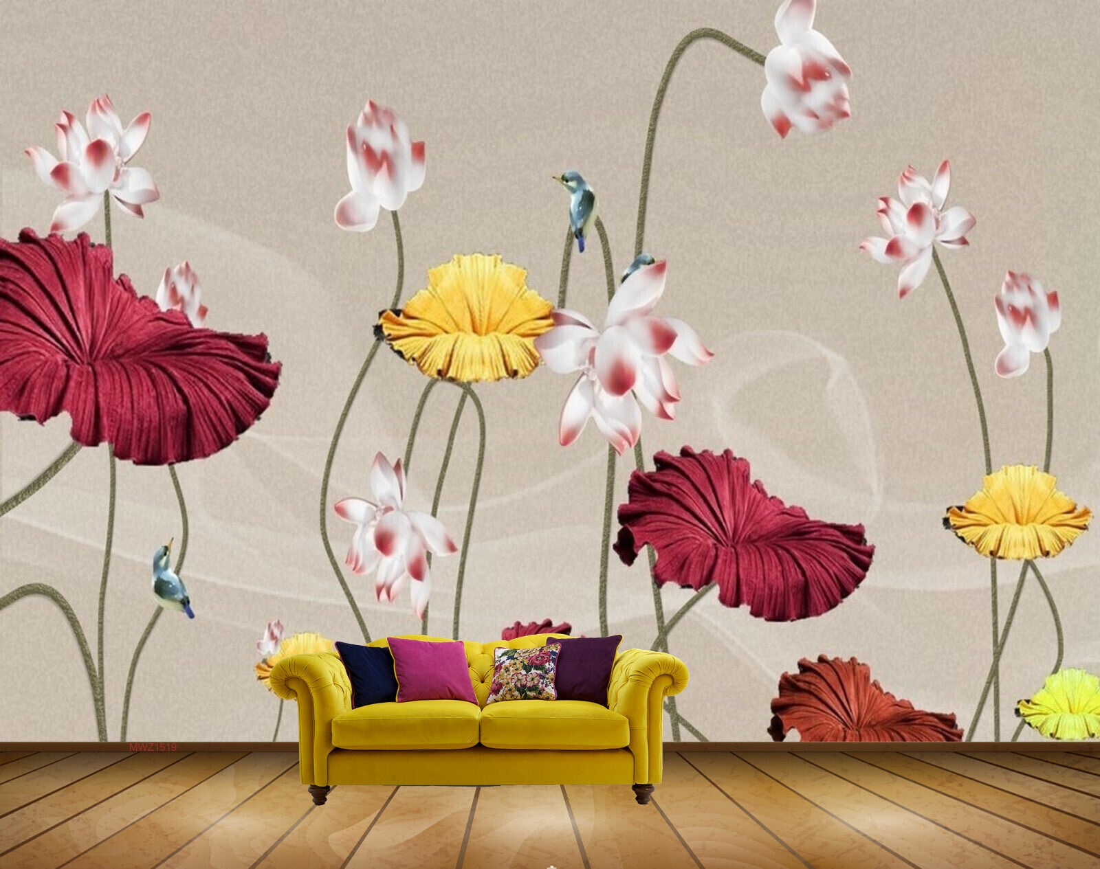 Avikalp MWZ1519 Red White Yellow Flowers Birds 3D HD Wallpaper