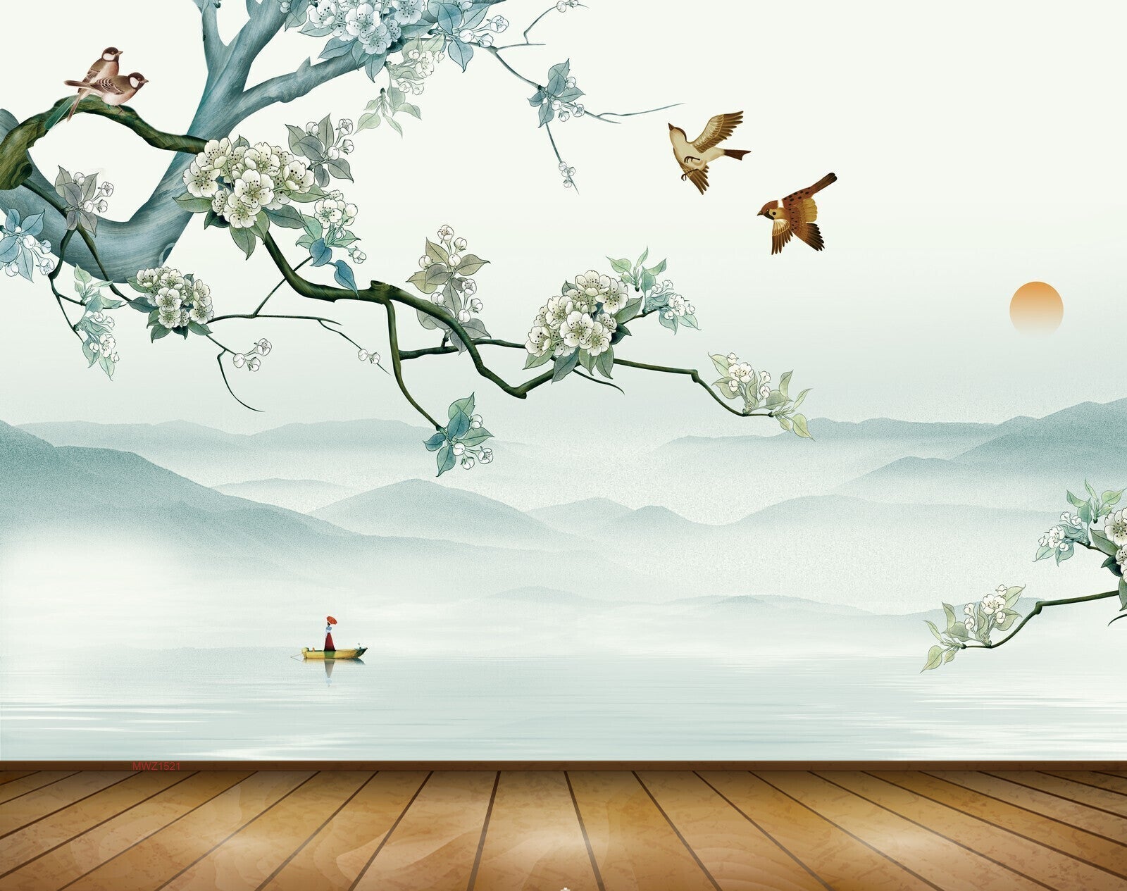 Avikalp MWZ1521 White Flowers Sun Birds Boat 3D HD Wallpaper