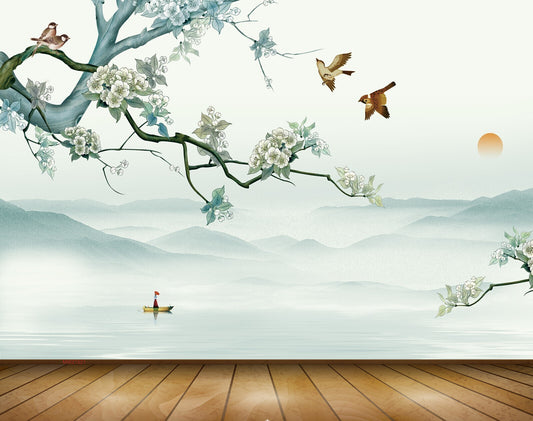 Avikalp MWZ1521 White Flowers Sun Birds Boat 3D HD Wallpaper