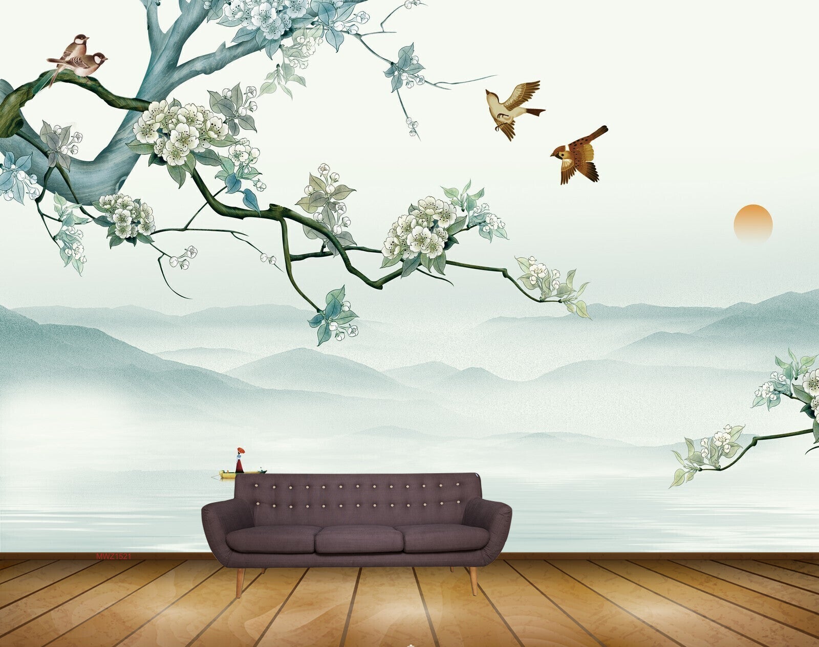 Avikalp MWZ1521 White Flowers Sun Birds Boat 3D HD Wallpaper